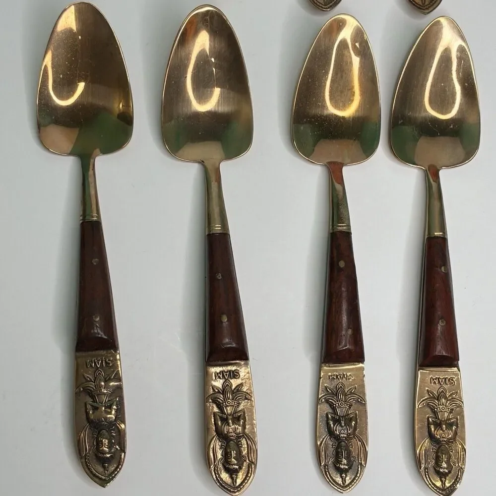 Vintage Thailand Siam Set For 8 Teak Brass Dessert Flatware w/Wooden Case